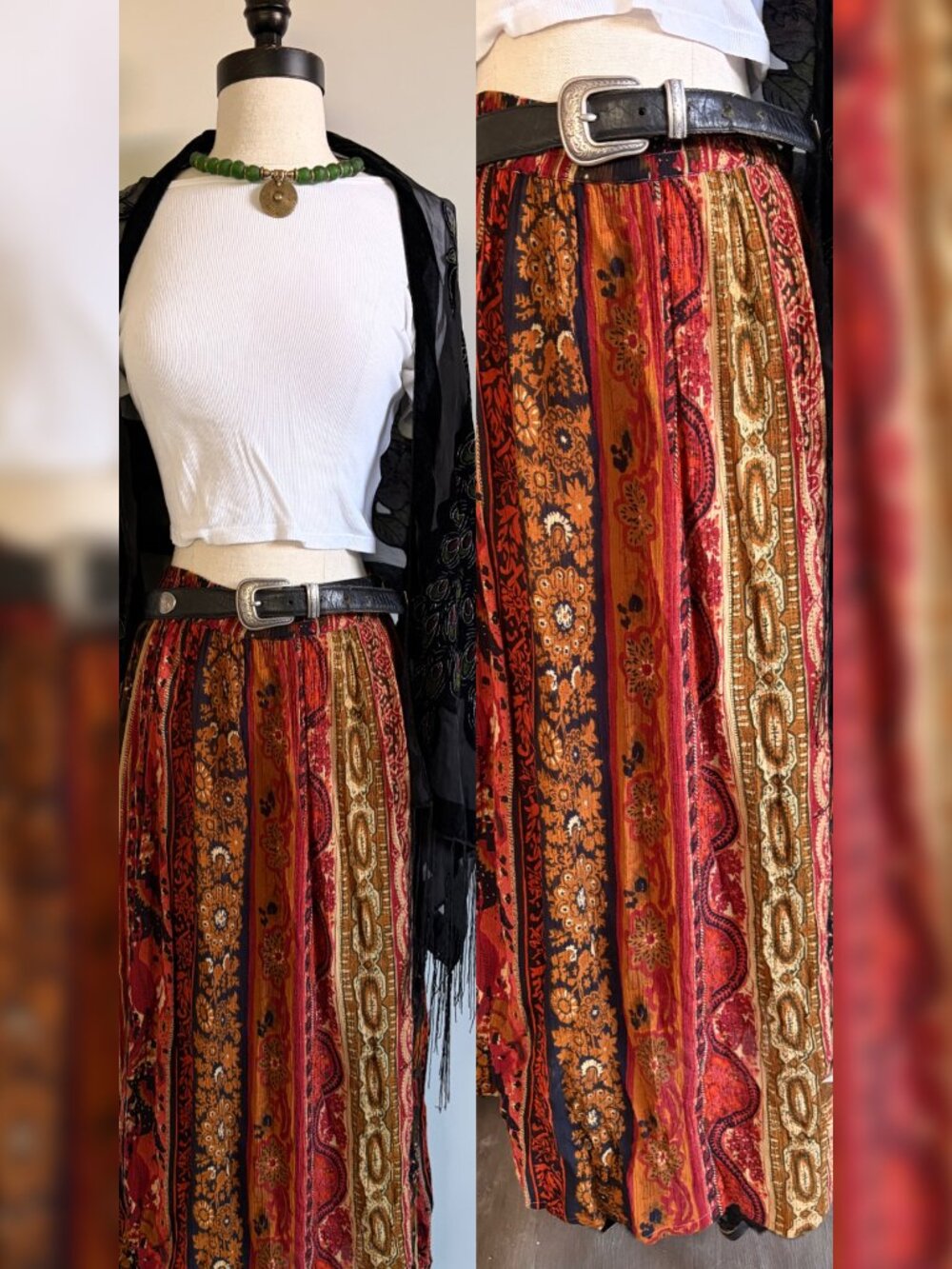 SOLD Vintage 90s Boho Maxi Skirt Earth Tone Abstract Print Elastic Waist Size L